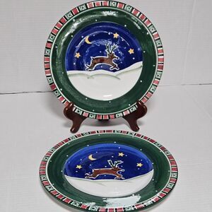 K.I.C Brushes Set Of 2 Handpainted Reindeer Holiday Christmas 10 1/2" Plates